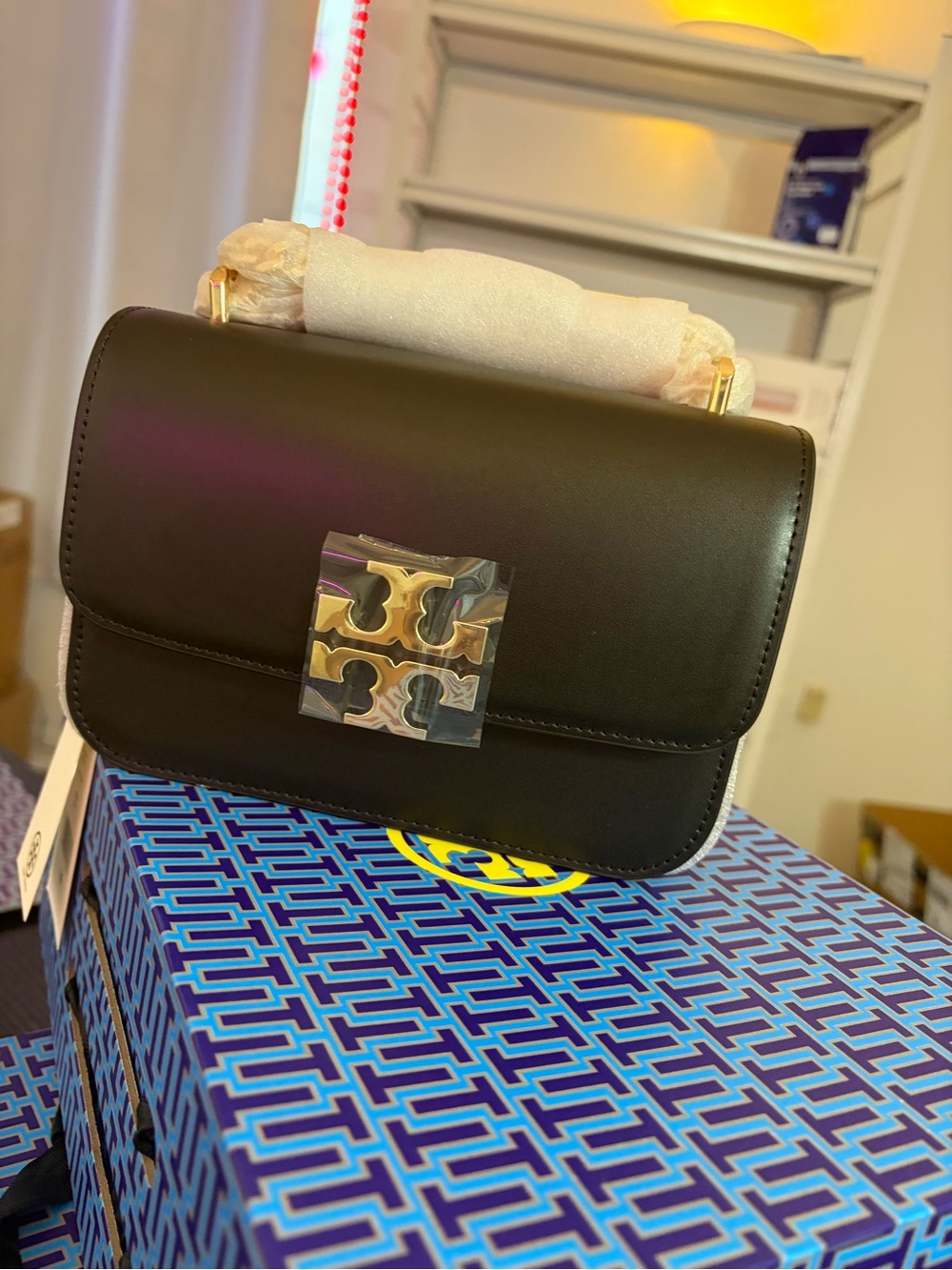 Tory Burch Black Leather Shoulder Bag with Gold Logo Plaque